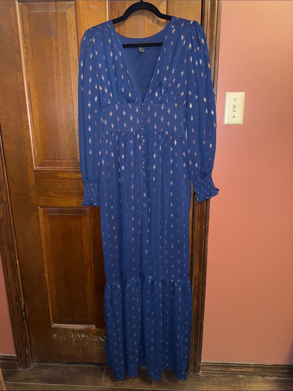 Forever 21 Navy Blue Maxi Dress with Gold Metallic Dot Accents